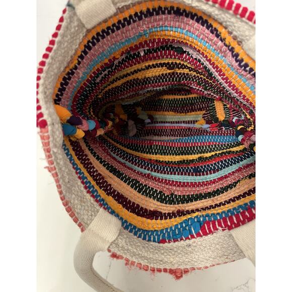 Woven Tote Beach Bucket Bag Multicolor Fabrics, Shoulder Handles Boho Folk Art - Picture 3 of 5